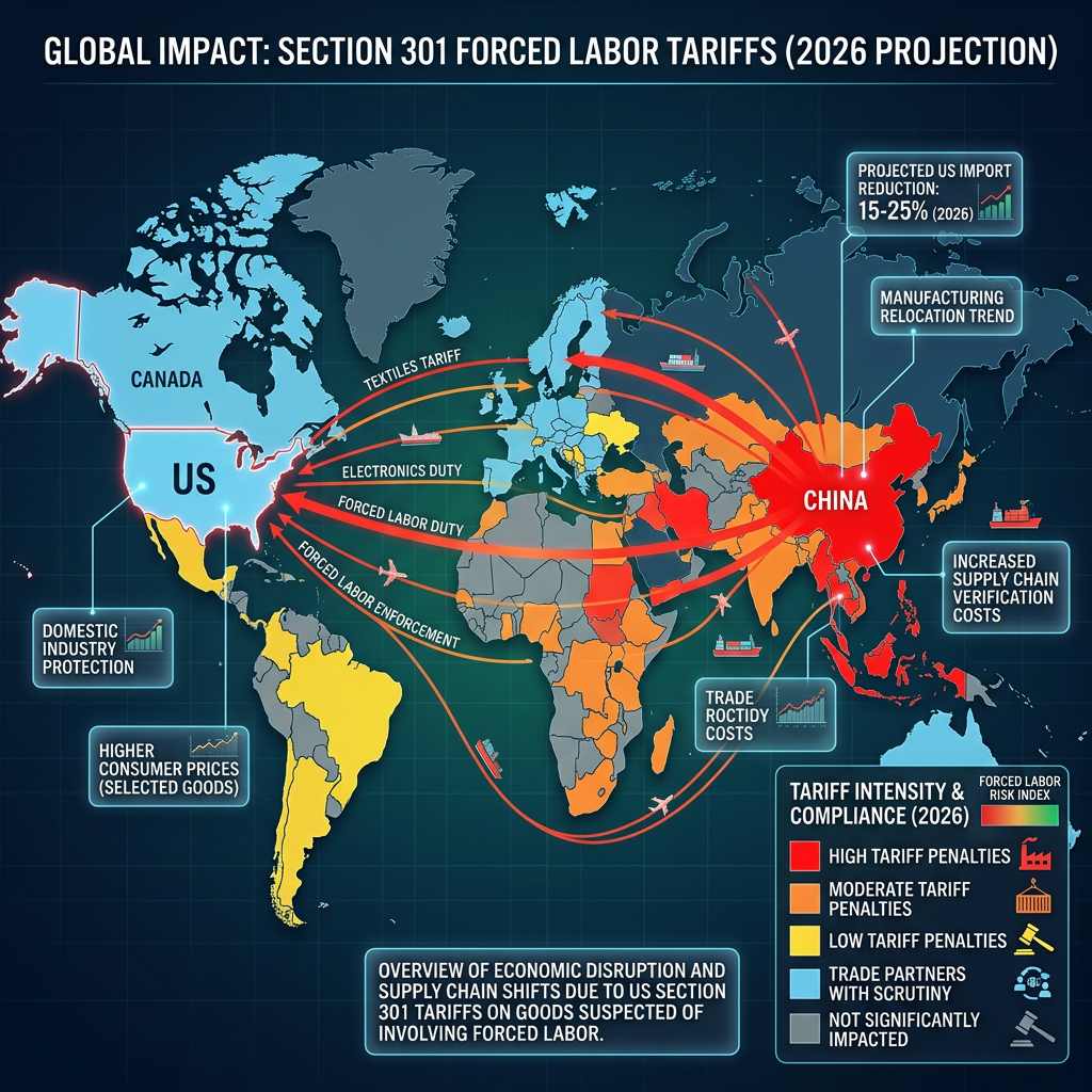 World map illustrating US Section 301 forced labor tariffs impact with countries color-coded by tariff penalty levels and trade arrows showing manufacturing relocation trends.