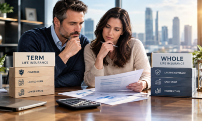 Two adults review life insurance options at a financial planning desk, comparing term life and whole life insurance costs and coverage.