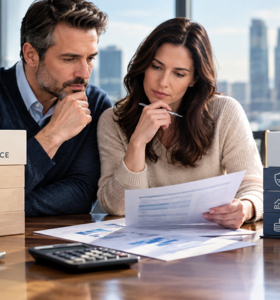 Two adults review life insurance options at a financial planning desk, comparing term life and whole life insurance costs and coverage.