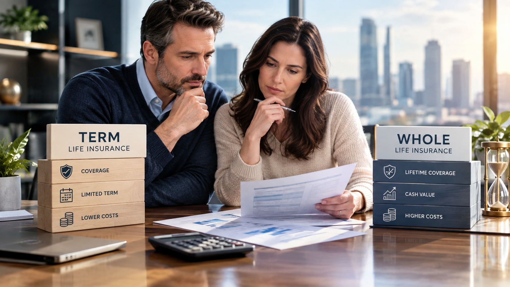 Two adults review life insurance options at a financial planning desk, comparing term life and whole life insurance costs and coverage.