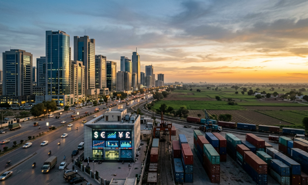 City skyline, highway, cargo trains, containers, and sign displaying $ € ¥ £